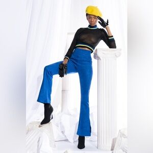 AKIRA Royal Blue Velvet Flared Pants with High Waist
